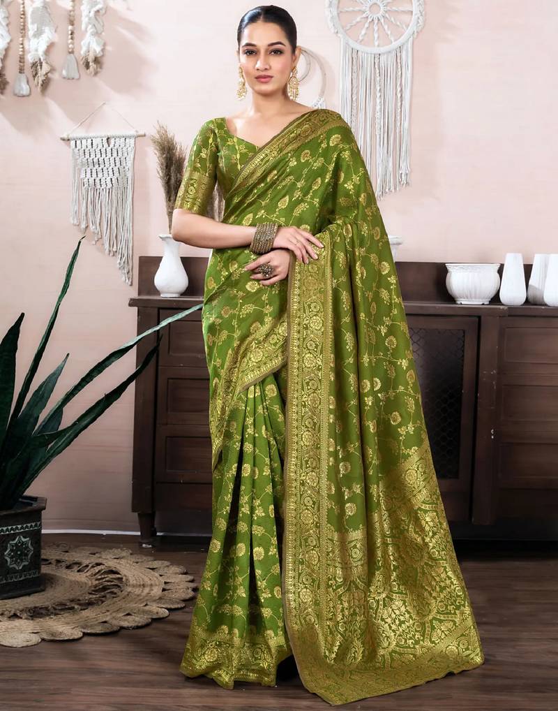 mehendi soft art silk banarasi jacuard work designer party wear saree with unstitched blouse piece