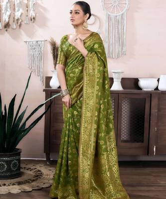 mehendi silk blend banarasi saree with unstitched blouse piece 2