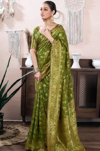 mehendi silk blend banarasi saree with unstitched blouse piece