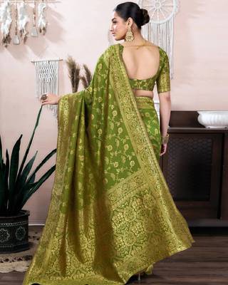 mehendi silk blend banarasi saree with unstitched blouse piece 3