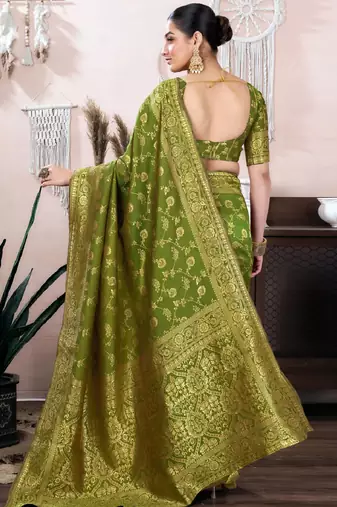 mehendi silk blend banarasi saree with unstitched blouse piece