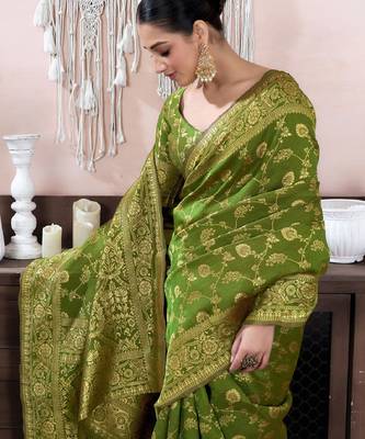 mehendi silk blend banarasi saree with unstitched blouse piece 4