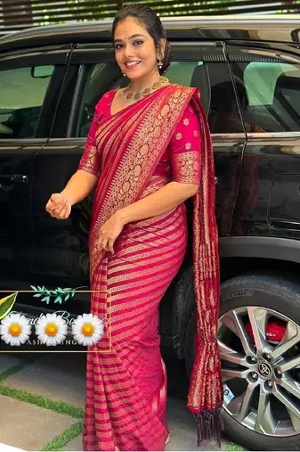 pink soft art silk banarasi jacuard work designer party wear saree with unstitched blouse piece