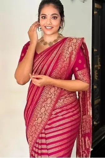 pink silk blend banarasi saree with unstitched blouse piece