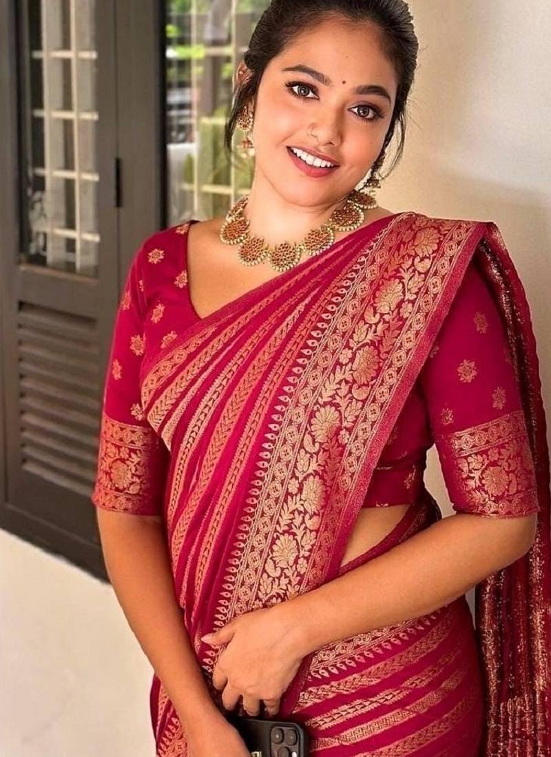 pink soft art silk banarasi jacuard work designer party wear saree with unstitched blouse piece