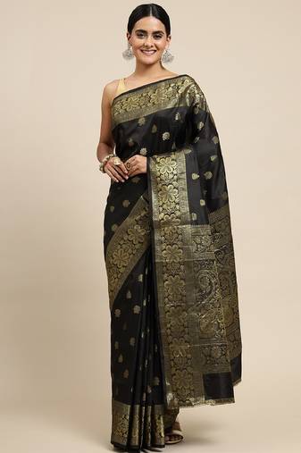 black soft art silk banarasi jacuard work designer party wear saree with unstitched blouse piece