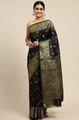 black soft art silk banarasi jacuard work designer party wear saree with unstitched blouse piece