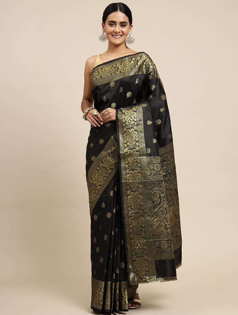 black soft art silk banarasi jacuard work designer party wear saree with unstitched blouse piece