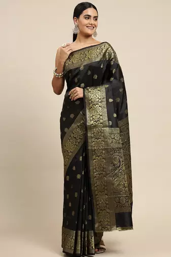 black silk blend banarasi saree with unstitched blouse piece