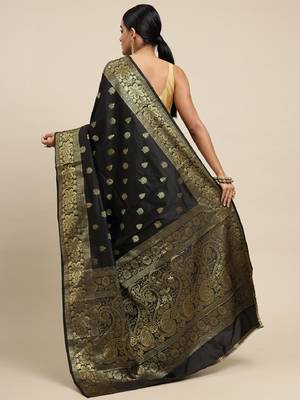 black silk blend banarasi saree with unstitched blouse piece 3