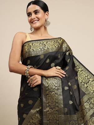 black silk blend banarasi saree with unstitched blouse piece 4