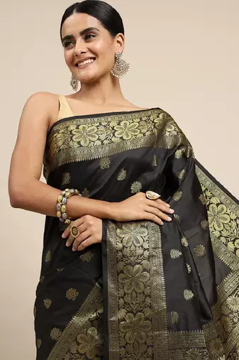 black silk blend banarasi saree with unstitched blouse piece
