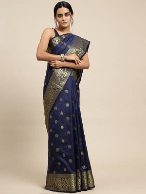 blue silk blend banarasi saree with unstitched blouse piece 1