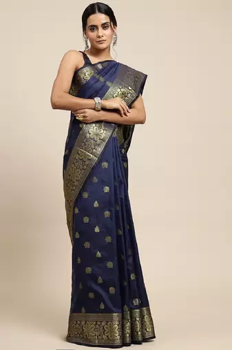 blue soft art silk banarasi jacuard work designer party wear saree with unstitched blouse piece