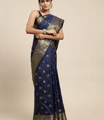 blue soft art silk banarasi jacuard work designer party wear saree with unstitched blouse piece