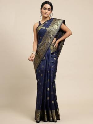 blue silk blend banarasi saree with unstitched blouse piece 2