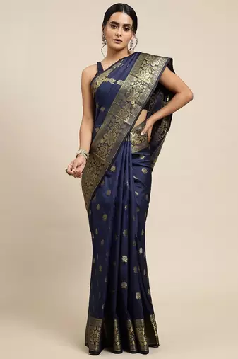 blue silk blend banarasi saree with unstitched blouse piece