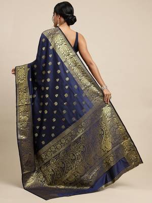 blue silk blend banarasi saree with unstitched blouse piece 3