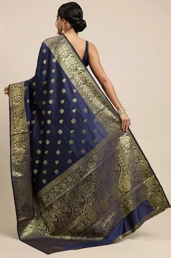blue silk blend banarasi saree with unstitched blouse piece