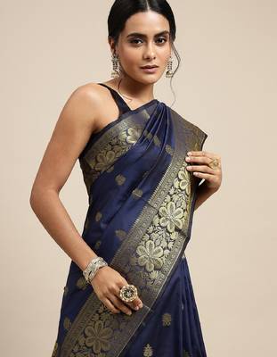 blue silk blend banarasi saree with unstitched blouse piece 4