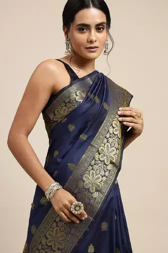 blue silk blend banarasi saree with unstitched blouse piece