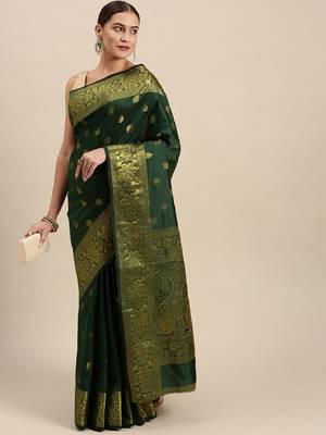 green silk blend banarasi saree with unstitched blouse piece 1