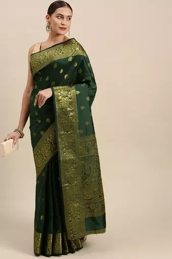 green soft art silk banarasi jacuard work designer party wear saree with unstitched blouse piece
