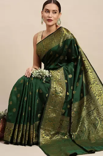 green silk blend banarasi saree with unstitched blouse piece