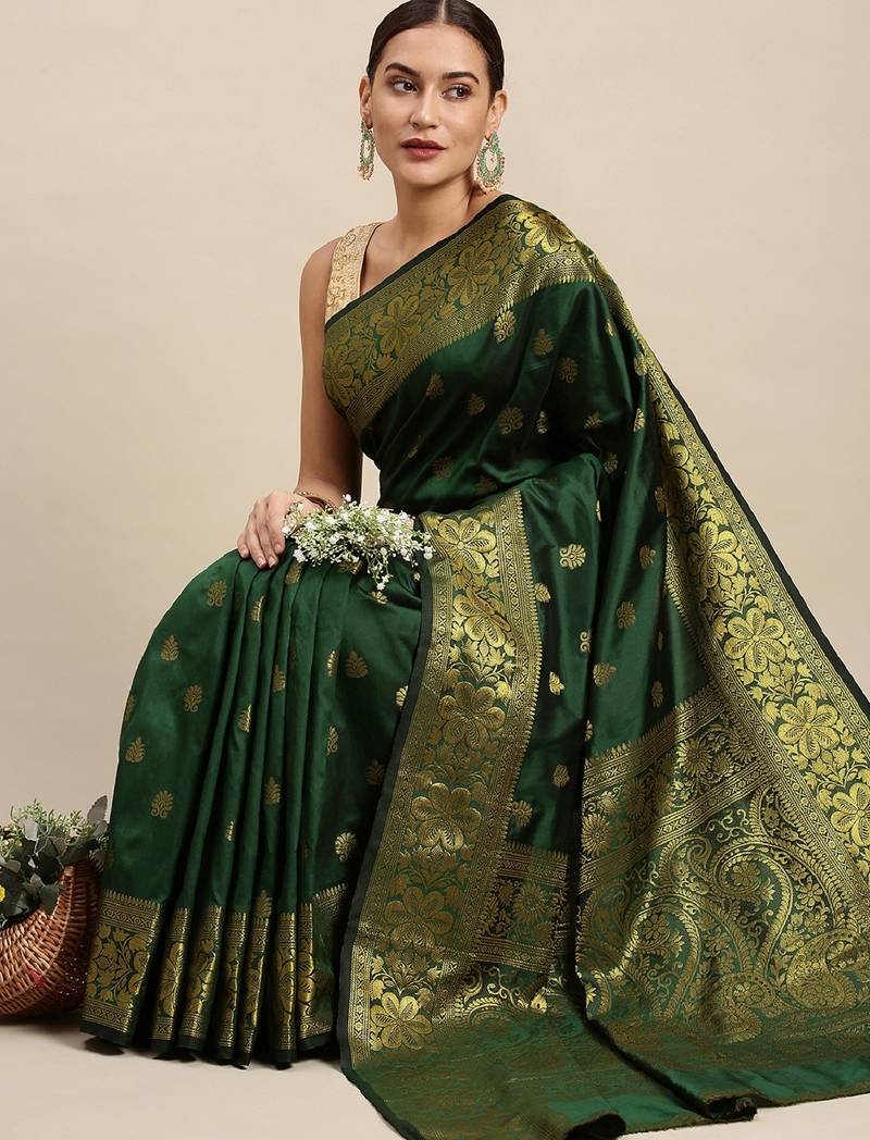 green soft art silk banarasi jacuard work designer party wear saree with unstitched blouse piece