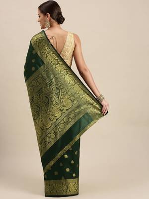 green silk blend banarasi saree with unstitched blouse piece 3