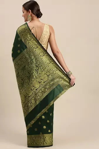 green silk blend banarasi saree with unstitched blouse piece