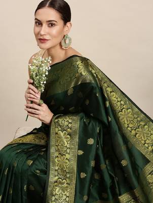 green silk blend banarasi saree with unstitched blouse piece 4