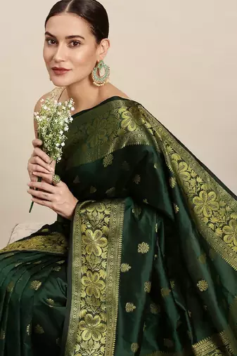 green silk blend banarasi saree with unstitched blouse piece