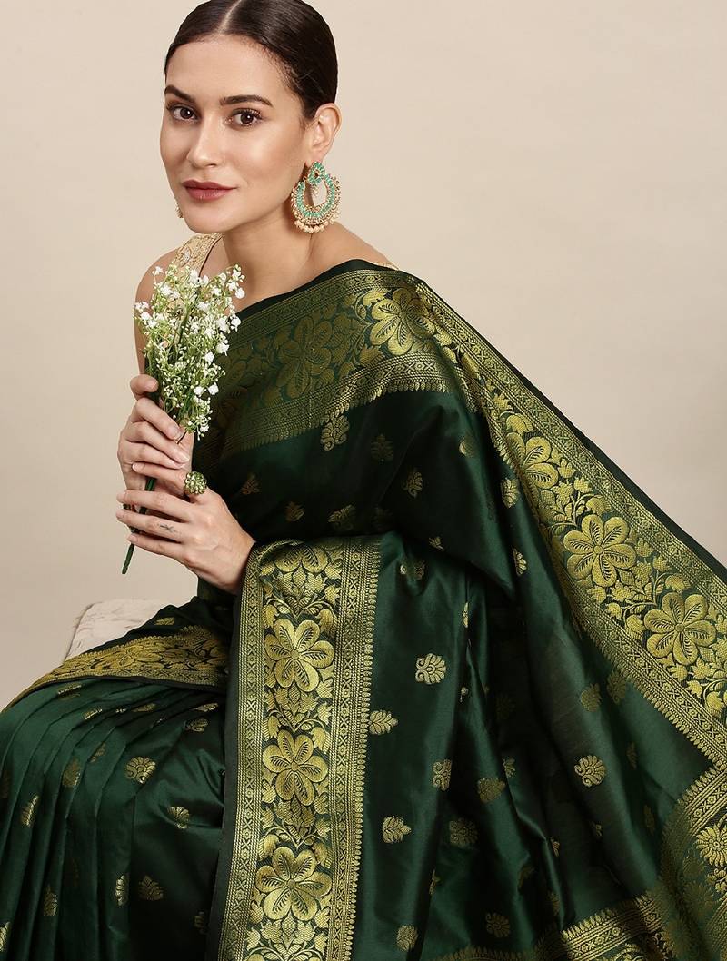 green soft art silk banarasi jacuard work designer party wear saree with unstitched blouse piece
