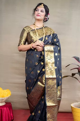 black soft art silk banarasi jacuard work designer party wear saree with unstitched blouse piece