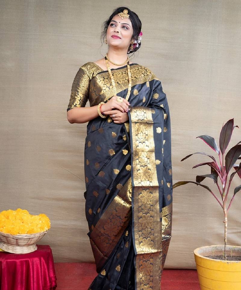 black soft art silk banarasi jacuard work designer party wear saree with unstitched blouse piece