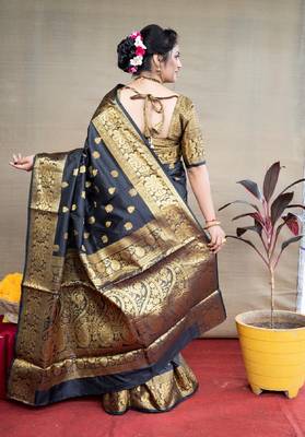 black silk blend banarasi saree with unstitched blouse piece 2