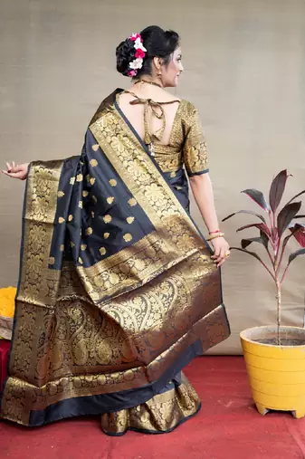 black silk blend banarasi saree with unstitched blouse piece