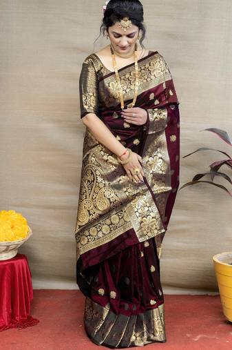 maroon soft art silk banarasi jacuard work designer party wear saree with unstitched blouse piece