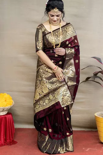 maroon soft art silk banarasi jacuard work designer party wear saree with unstitched blouse piece
