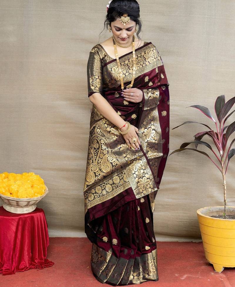 maroon soft art silk banarasi jacuard work designer party wear saree with unstitched blouse piece