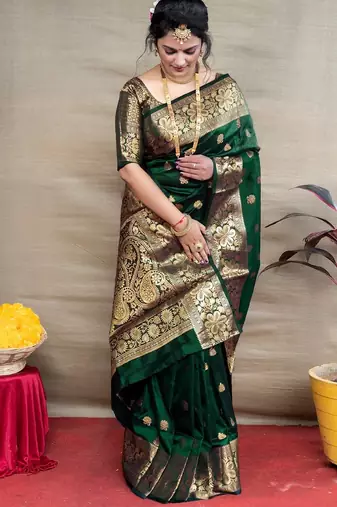 green soft art silk banarasi jacuard work designer party wear saree with unstitched blouse piece