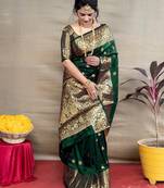 green soft art silk banarasi jacuard work designer party wear saree with unstitched blouse piece