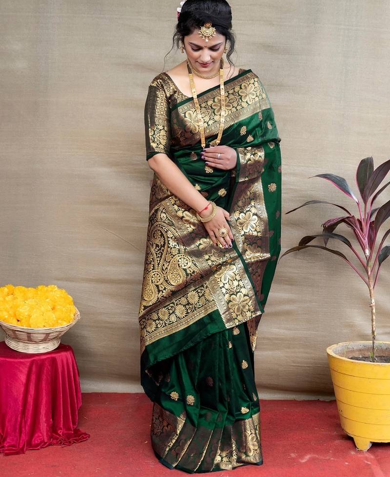 green soft art silk banarasi jacuard work designer party wear saree with unstitched blouse piece