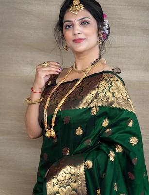 green silk blend banarasi saree with unstitched blouse piece 2