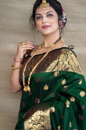 green silk blend banarasi saree with unstitched blouse piece