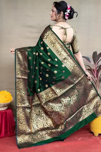 green silk blend banarasi saree with unstitched blouse piece