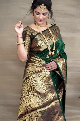 green silk blend banarasi saree with unstitched blouse piece