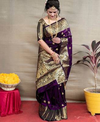 purple silk blend banarasi saree with unstitched blouse piece 1