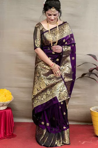 purple  soft art silk banarasi jacuard work designer party wear saree with unstitched blouse piece